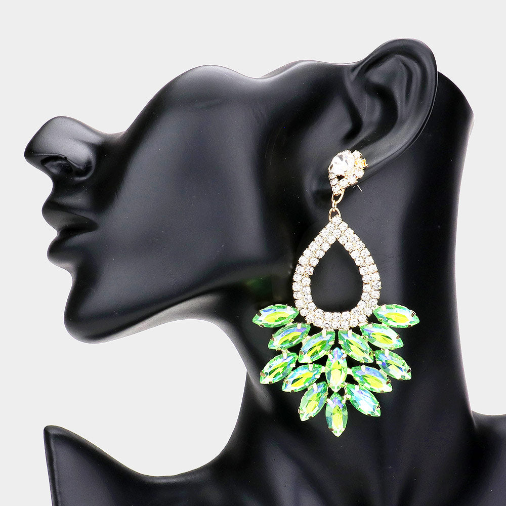 Elegant Marquise Green Crystal Cluster Chandelier Pageant Earrings / Prom Earrings