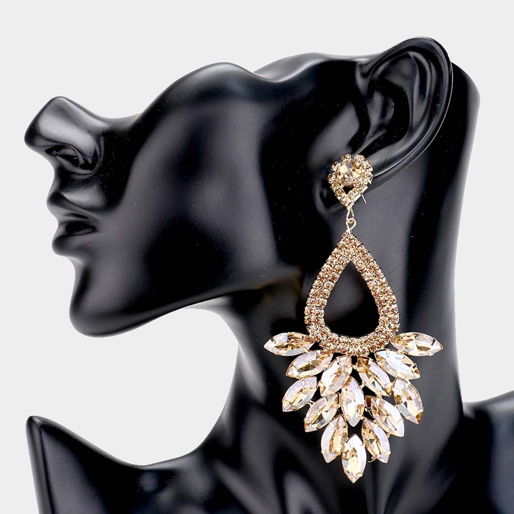 Elegant Marquise Gold Crystal Cluster Chandelier Pageant Earrings / Prom Earrings