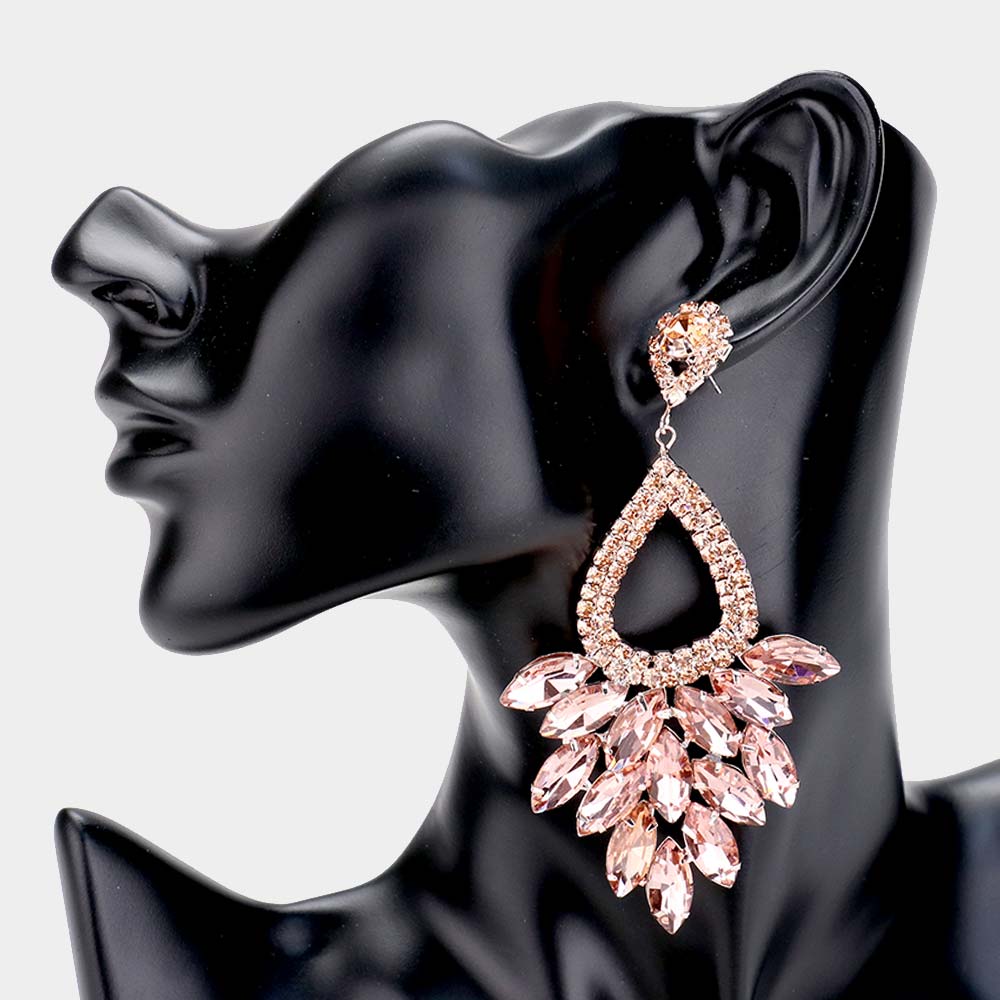 Elegant Marquise Peach Crystal Cluster Chandelier Pageant Earrings / Prom Earrings