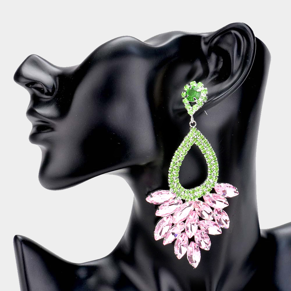 Elegant Marquise Pink & Green Crystal Cluster Chandelier Pageant Earrings / Prom Earrings