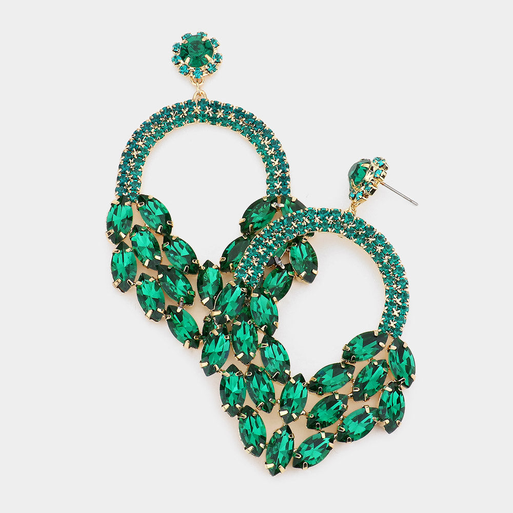 Emerald Crystal Marquise Cluster Hoop Earrings | Pageant Earrings