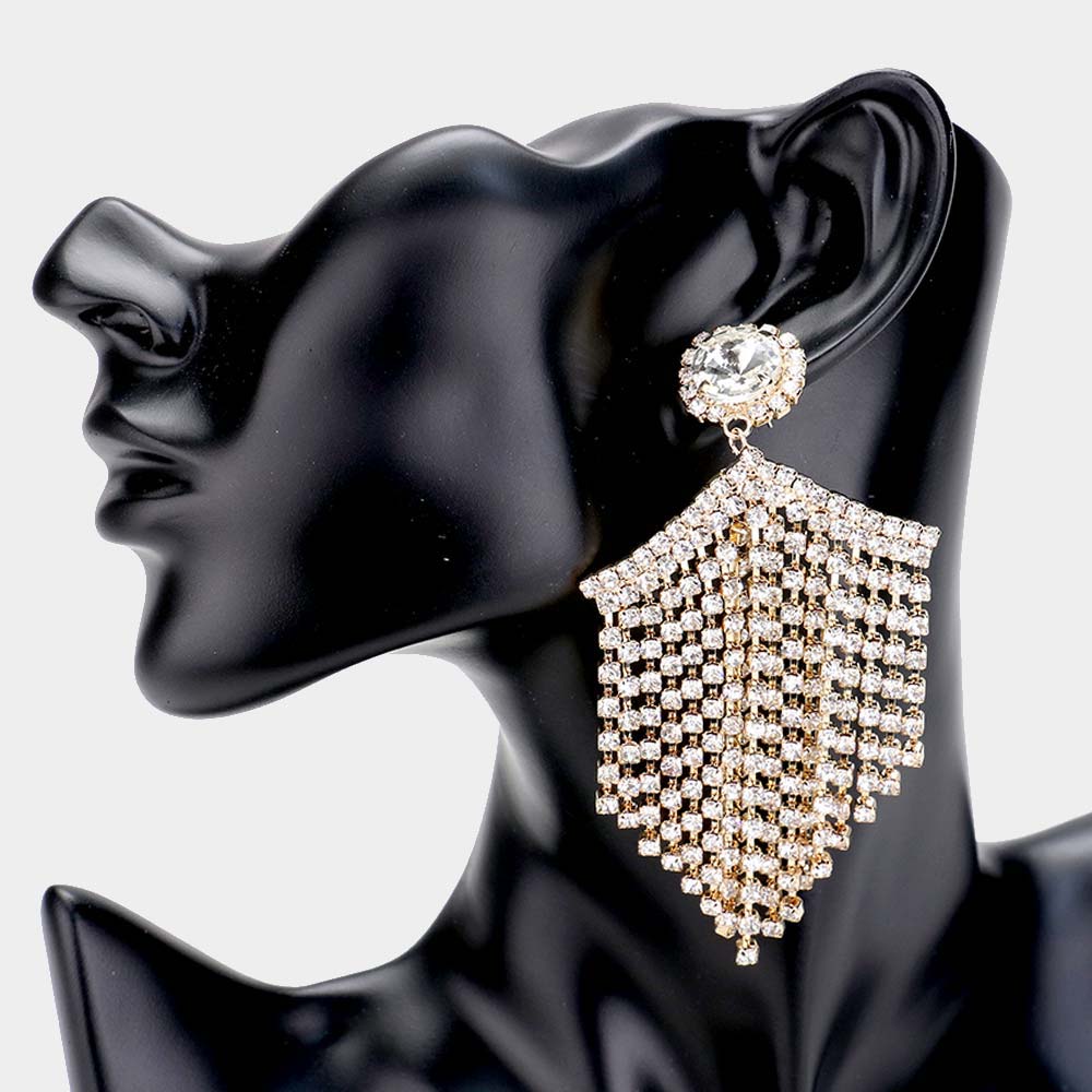 Clear Wide Crystal Rhinestone Fringe Pageant Earrings on Gold | Prom Earrings