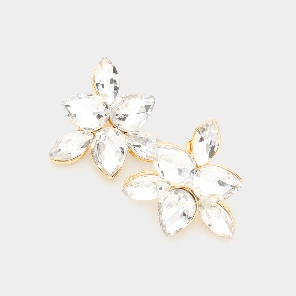 Small Clear Crystal Teardrop Cluster Stud Earrings on Gold | Pageant Earrings | 504782