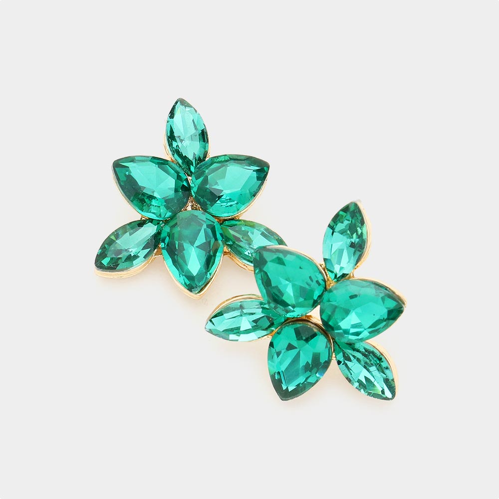 Small Green Crystal Teardrop Cluster Stud Earrings on Gold | Pageant Earrings | 504783
