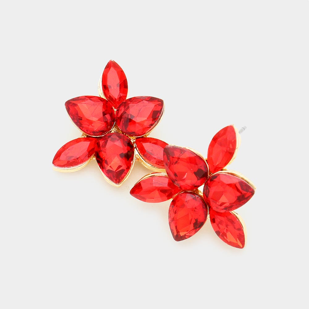 Small Red Crystal Teardrop Cluster Stud Earrings on Gold | Pageant Earrings