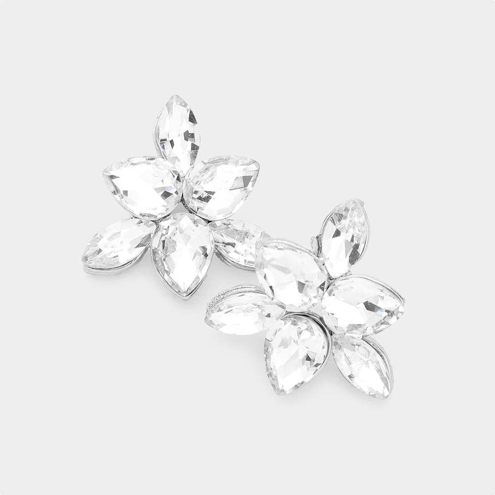 Small Clear Crystal Teardrop Cluster Stud Earrings on Silver | Pageant Earrings | 504788