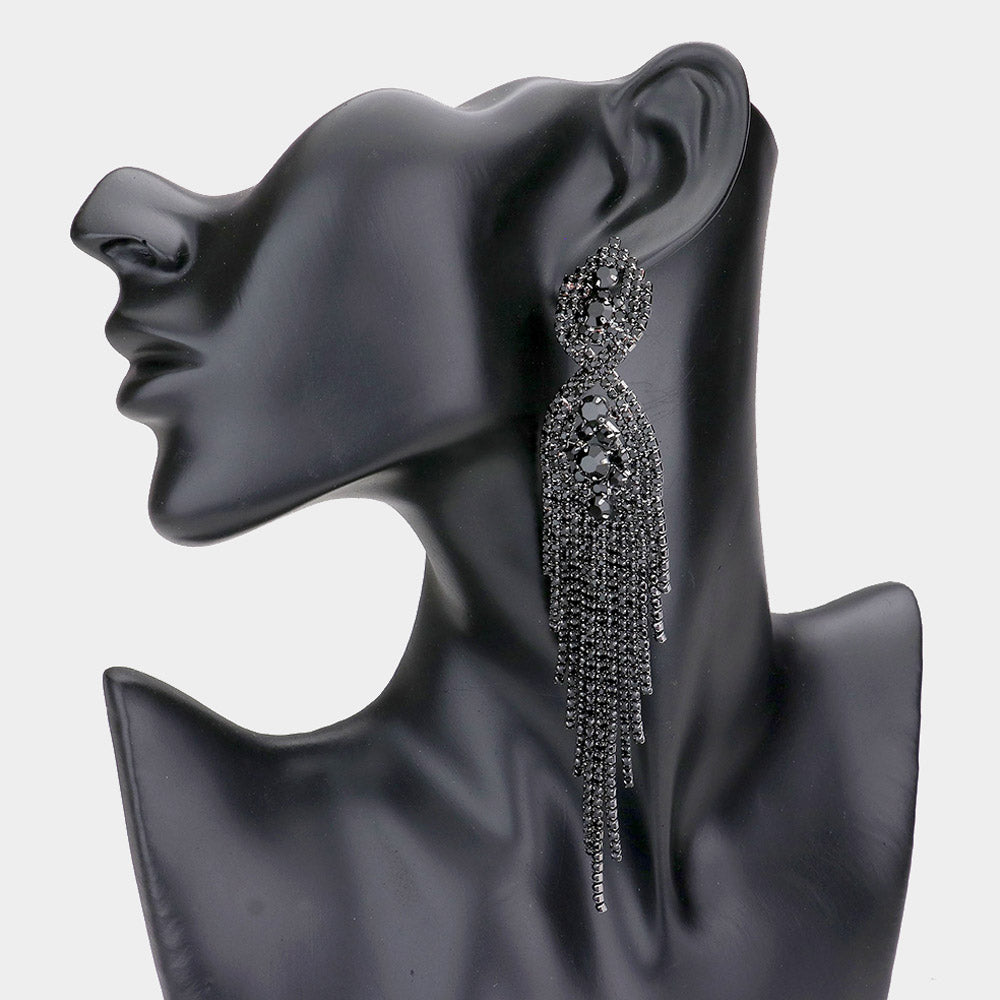 Jet Black Rhinestone Long Fringe Pageant Earrings | Prom Earrings 