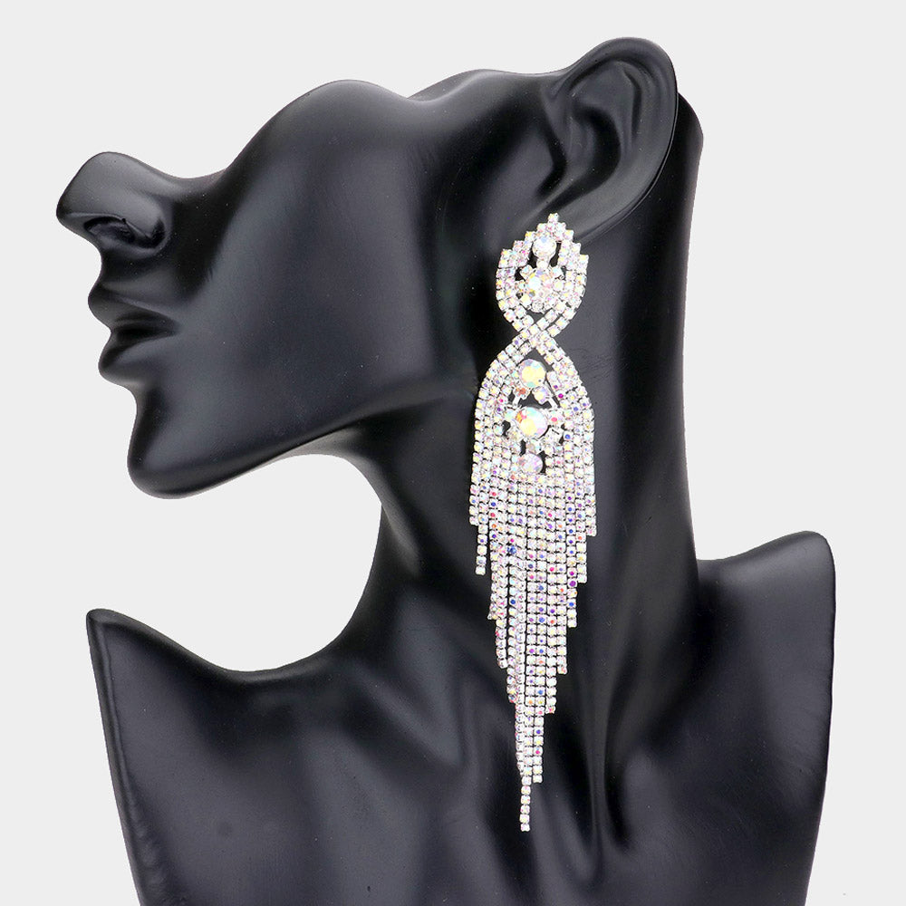 AB Rhinestone Long Fringe Pageant Earrings | Prom Earrings 