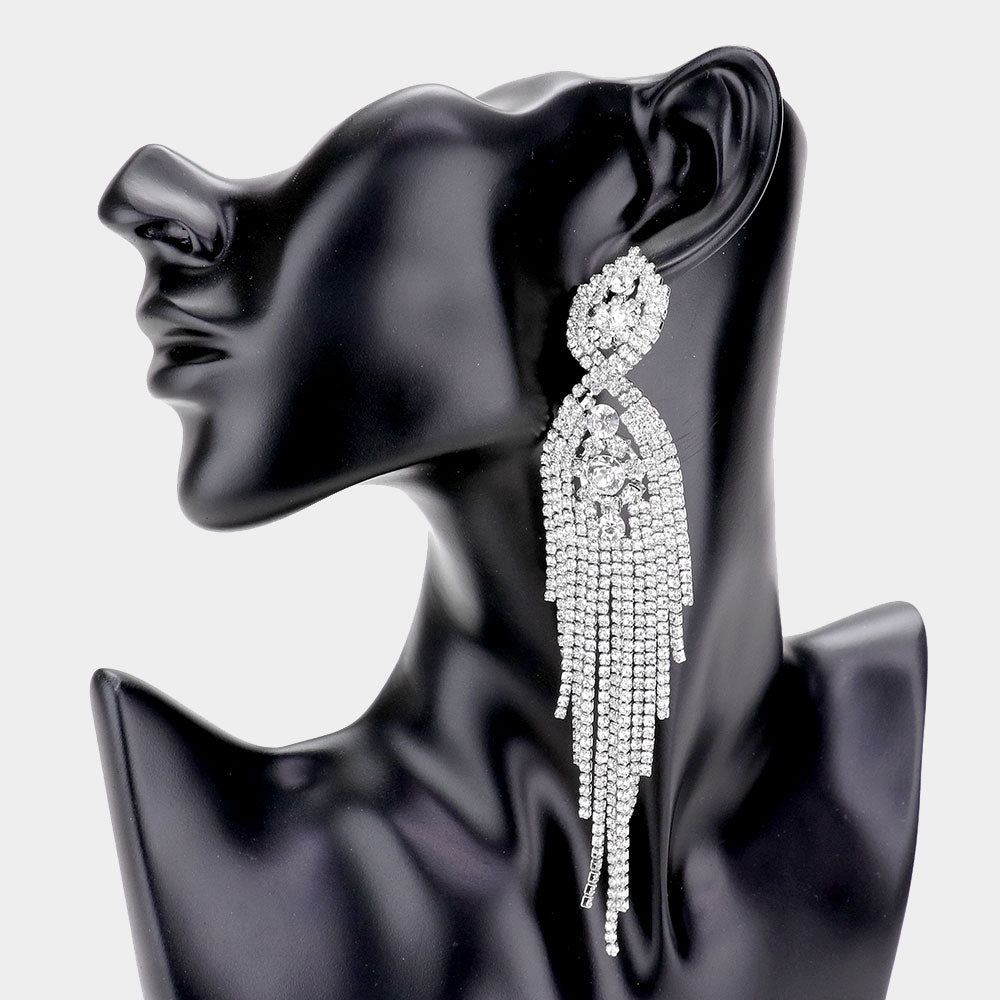 Clear Rhinestone Long Fringe Pageant Earrings | Prom Earrings 