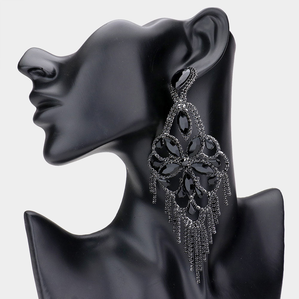 Large Light Weight Jet Black Crystal Flower Fringe Earrings