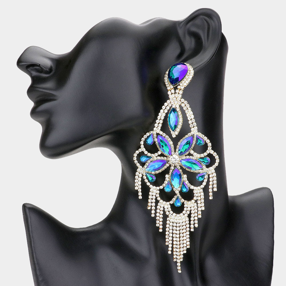 Very Large Light Weight Blue AB Crystal Flower Fringe Earrings