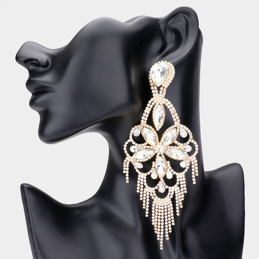 Very Large Light Weight Crystal Flower Fringe Earrings on Gold