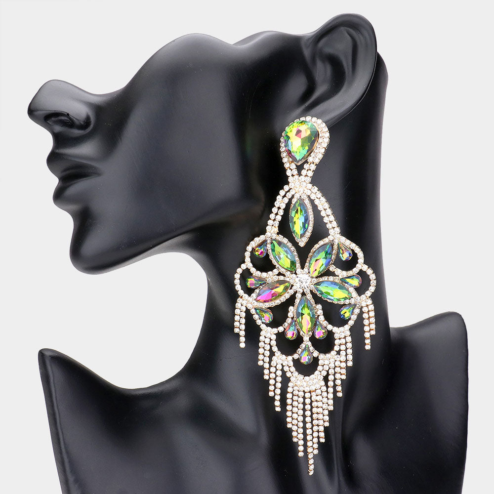 Very Large Light Weight Multi Color Crystal Flower Fringe Earrings