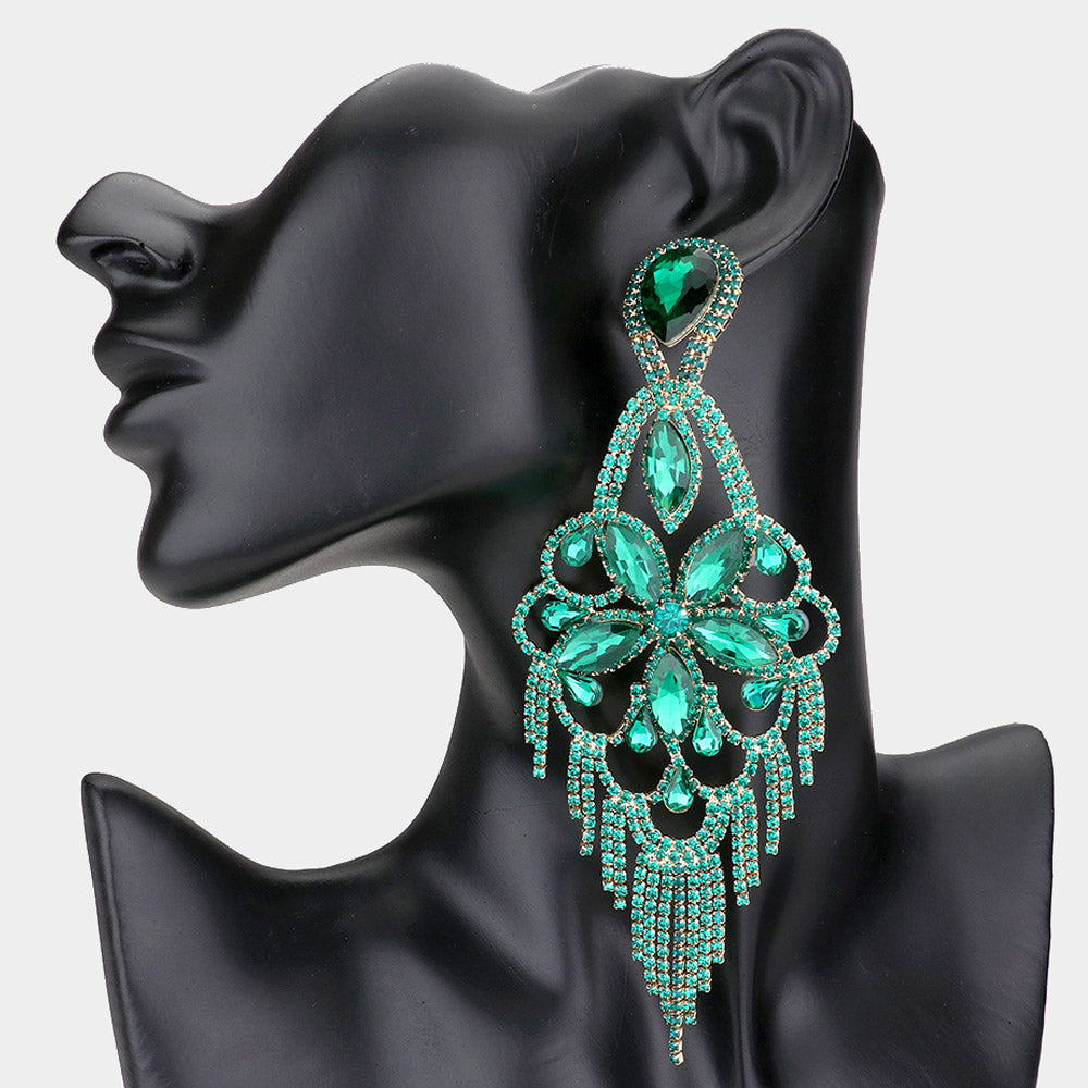 Very Large Light Weight Emerald Crystal Flower Fringe Earrings