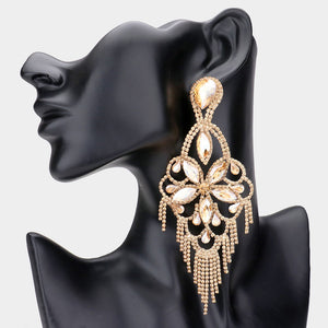 Very large topaz gold stone crystal flower fringe pageant earrings on gold with 5.5 inch drop shown on a black mannequin ear