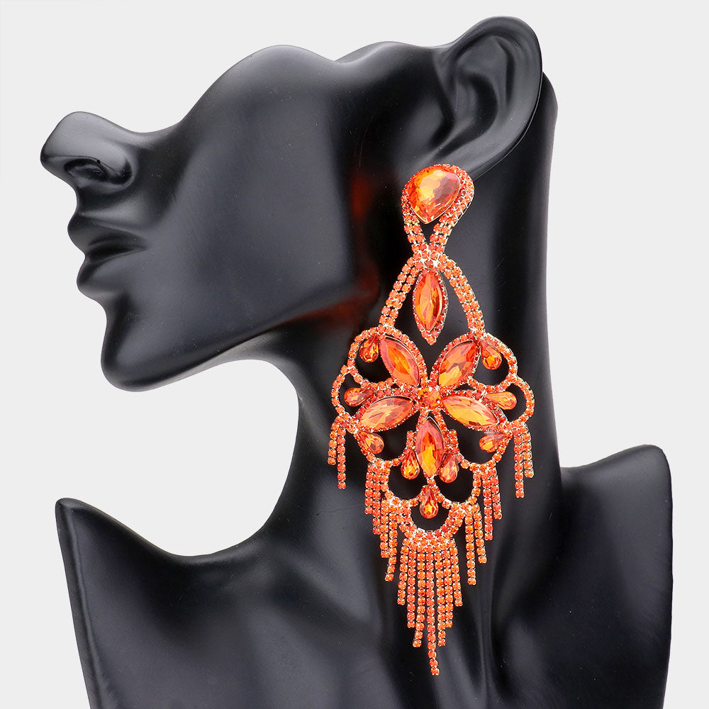 Very Large Light Weight Orange Crystal Flower Fringe Earrings