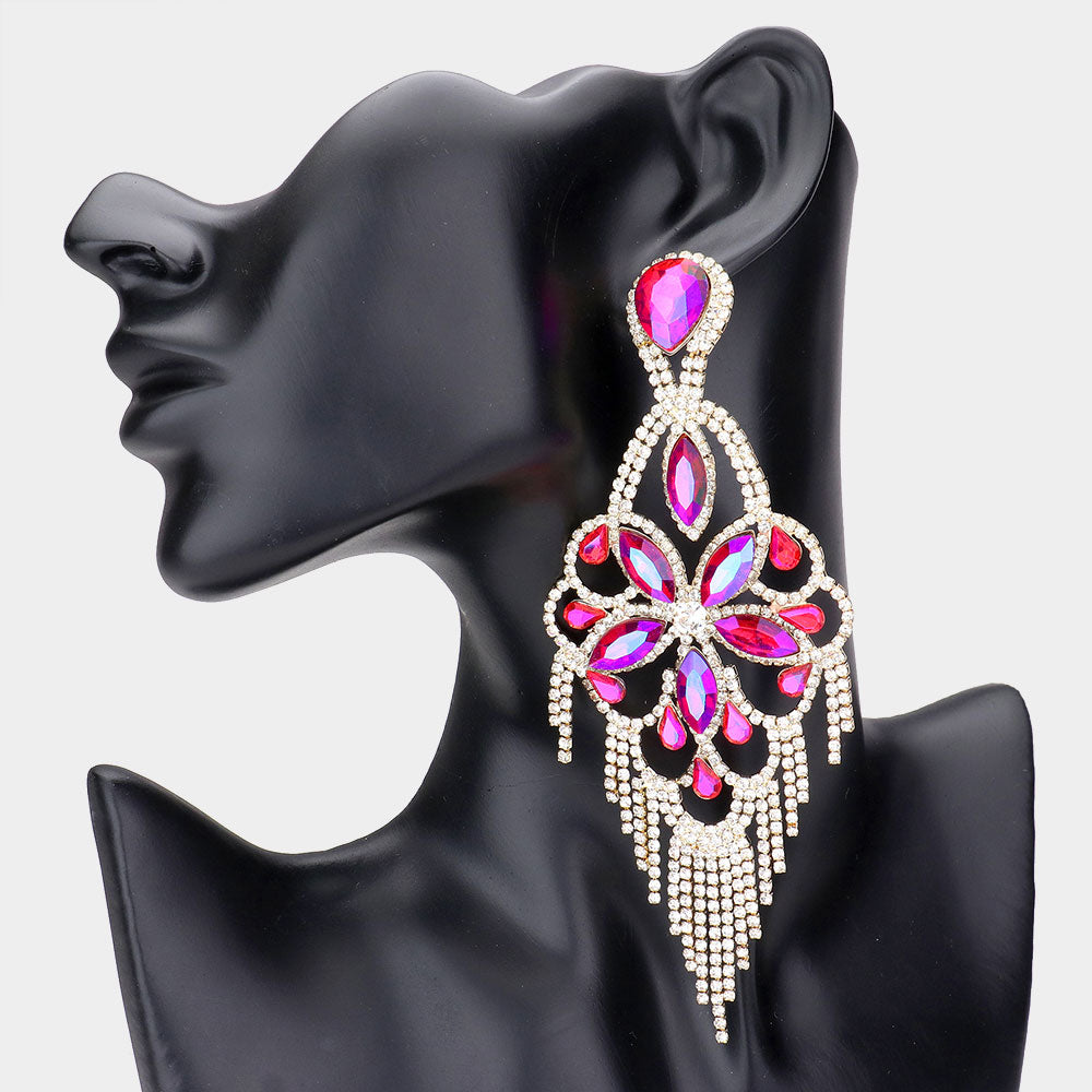 Very Large Light Weight Fuchsia/Purple Crystal Flower Fringe Earrings