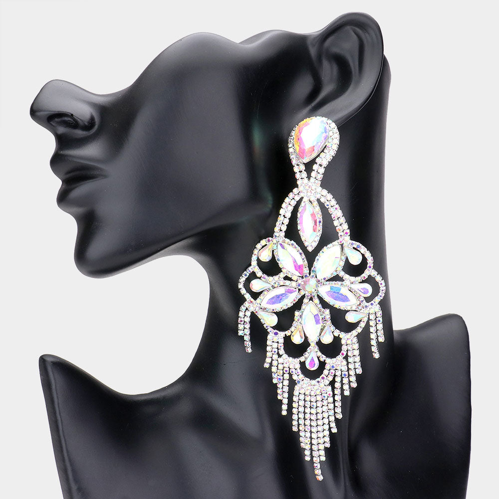 AB Crystal Fringe Earrings with Floral Design – Lightweight Statement Jewelry for NPC & IFBB Bodybuilding Competitions