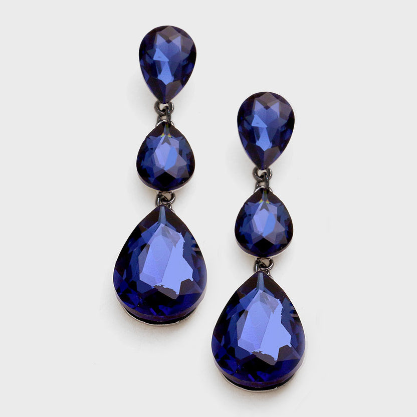 Navy Crystal Triple Teardrop Earrings