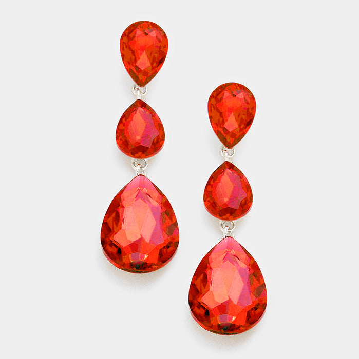 Red Crystal Triple Teardrop Earrings on Silver