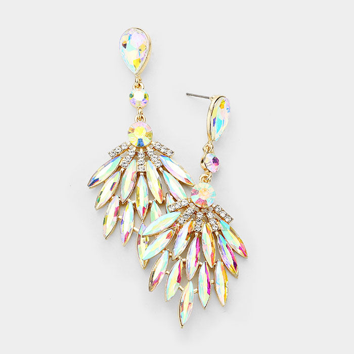 AB Crystal Cluster Leaf Pageant Earrings on Gold