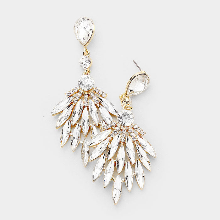 Clear Crystal Cluster Leaf Pageant Earrings on Gold | 252132