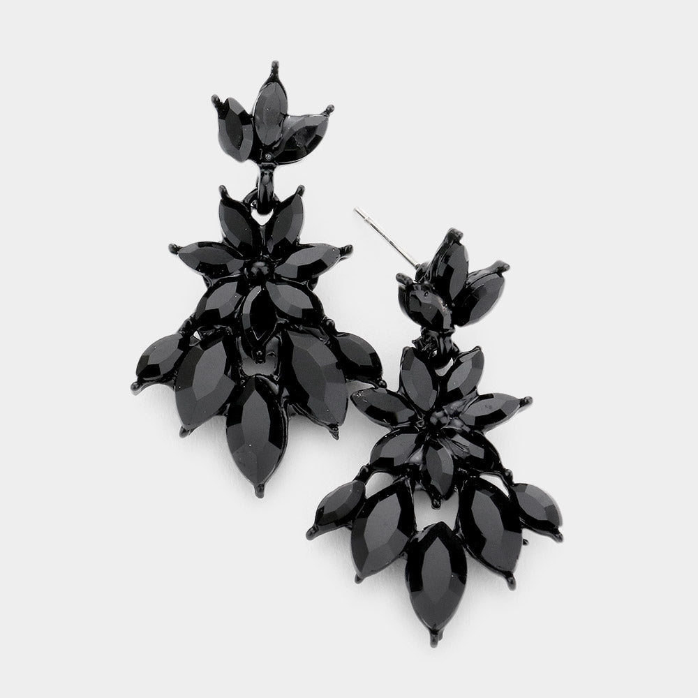 Jet Black Crystal Flower Burst Dangle Pageant Earrings