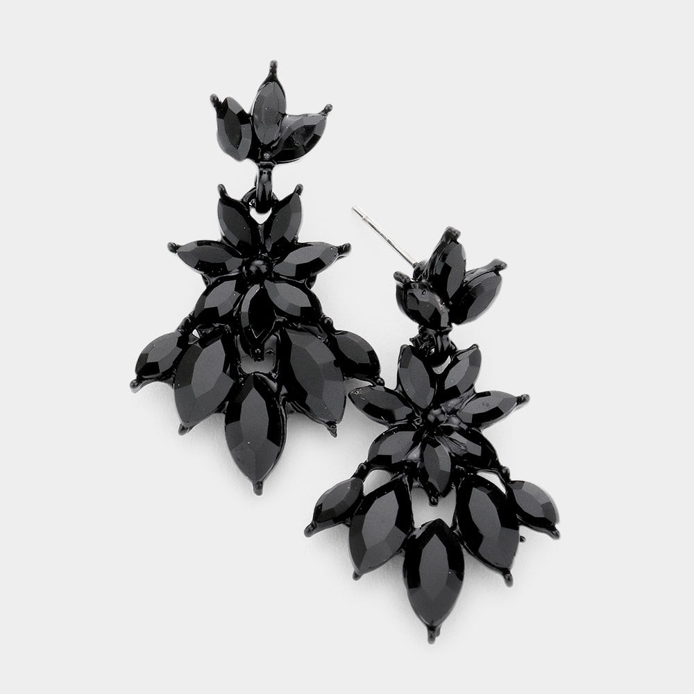  Jet Black Crystal Flower Burst Dangle Pageant Earrings
