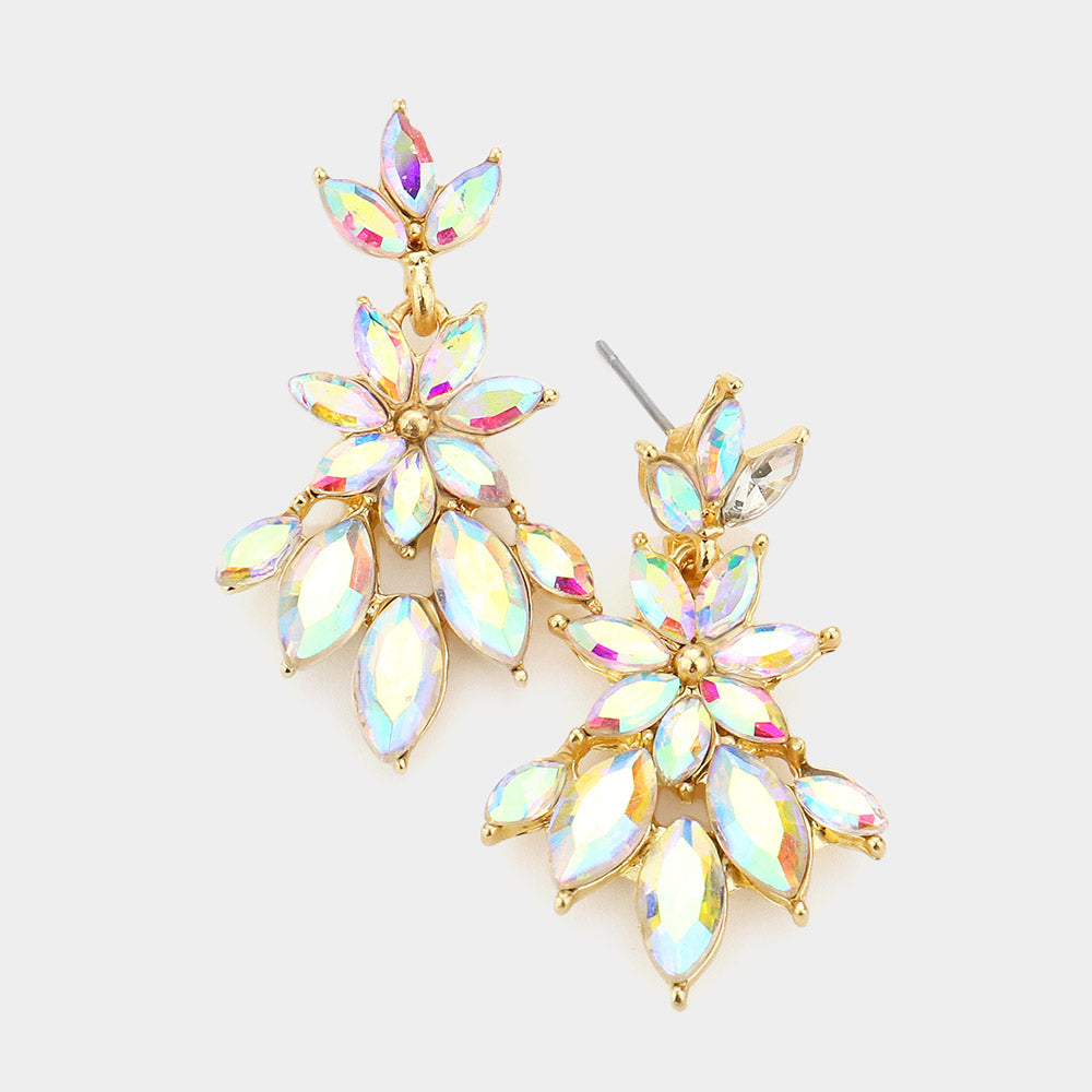﻿AB Crystal Flower Burst Dangle Pageant Earrings on Gold
