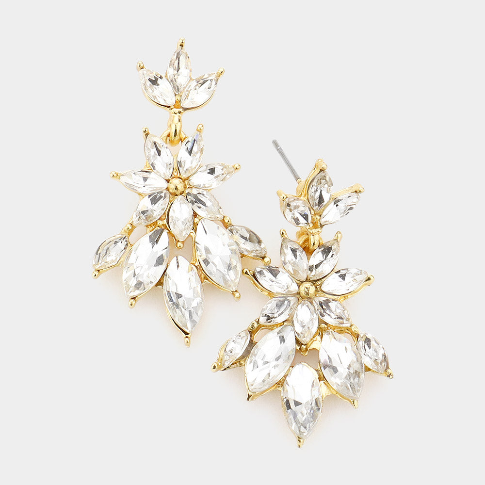 Clear Crystal Flower Burst Dangle Pageant Earrings on Gold | 533173