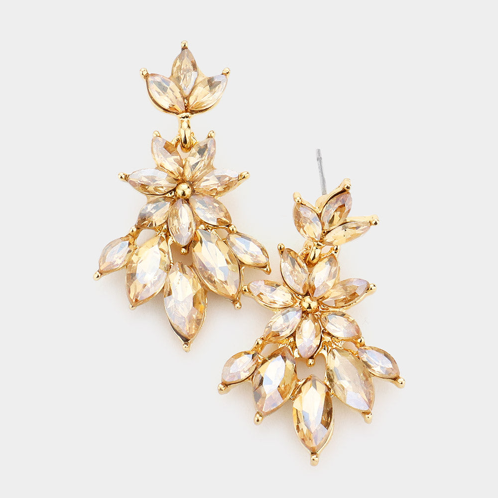 Light Topaz Crystal Flower Burst Dangle Pageant Earrings 