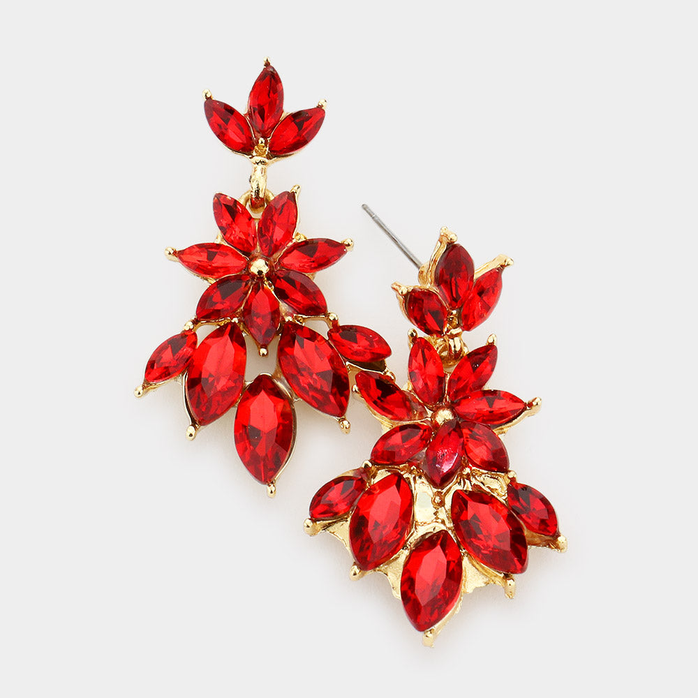Red Crystal Flower Burst Dangle Pageant Earrings | 533176