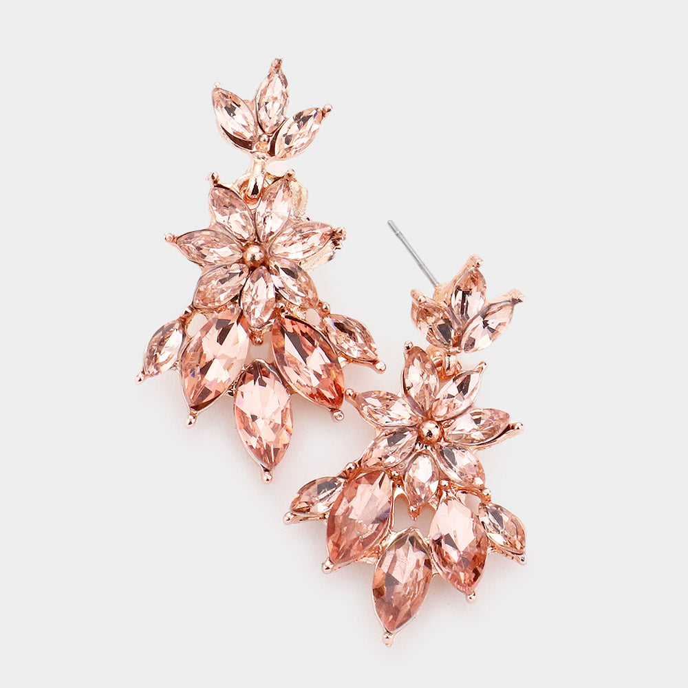 Peach Crystal Flower Burst Dangle Pageant Earrings 
