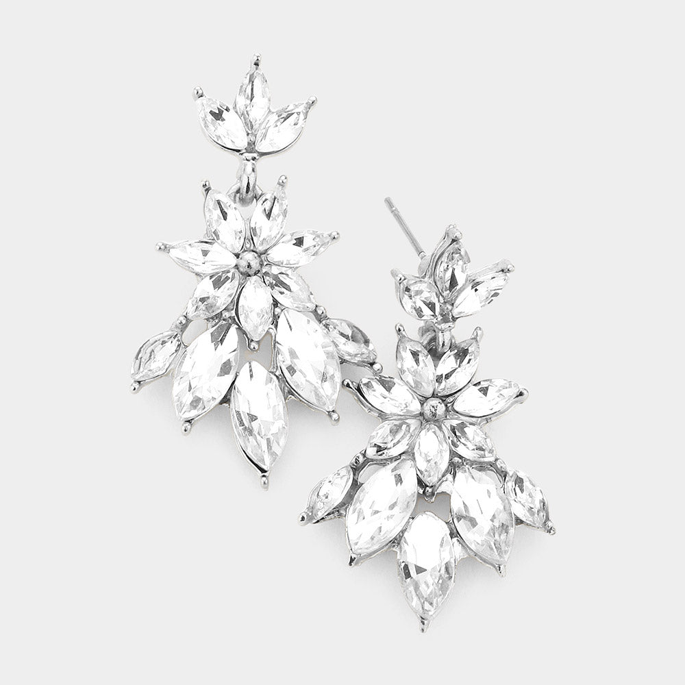 Clear Crystal Flower Burst Dangle Pageant Earrings 