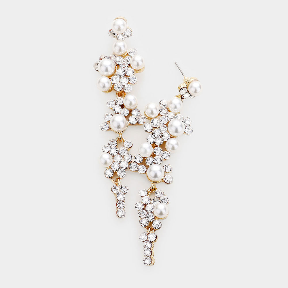 Clear Crystal & Cream Pearl Long Dangle Earrings on gold on a white background
