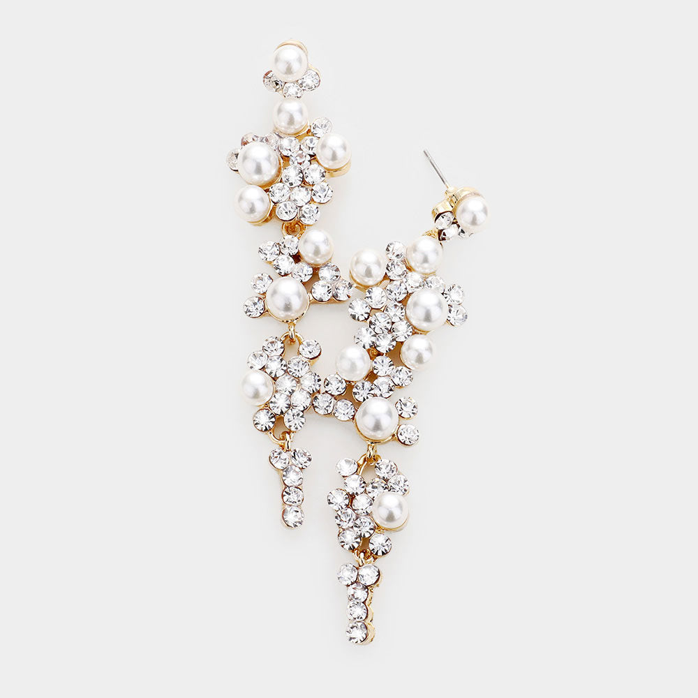 Clear Crystal & Cream Pearl Long Dangle Earrings 