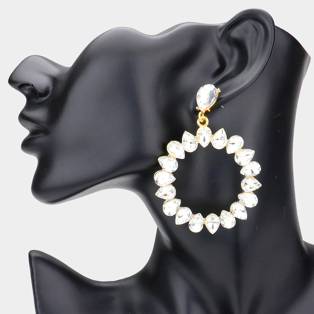 Clear Crystal Teardrop Open Circle Dangle Earrings on Gold | Pageant Earrings
