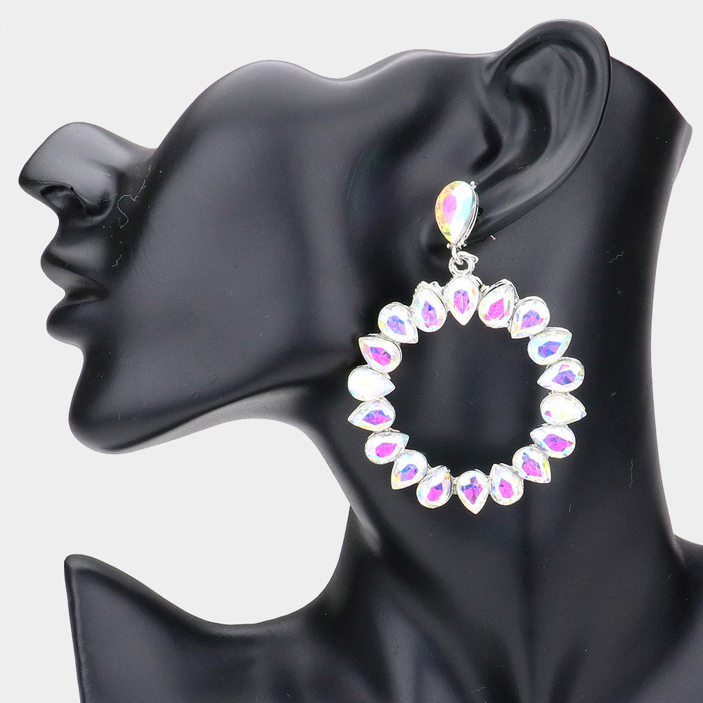 AB Crystal Teardrop Open Circle Dangle Earrings | Pageant Earrings