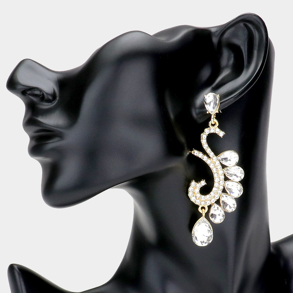 Elegant Clear Teardrop Rhinestone Accented Dangle Pageant Earrings on Gold | Prom Earrings