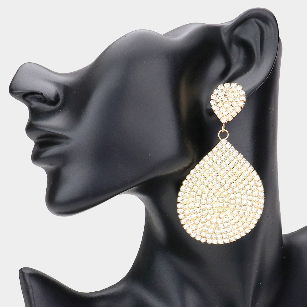 Clear Rhinestone Double Cluster Link Pageant Earrings on Gold | Prom Earrings