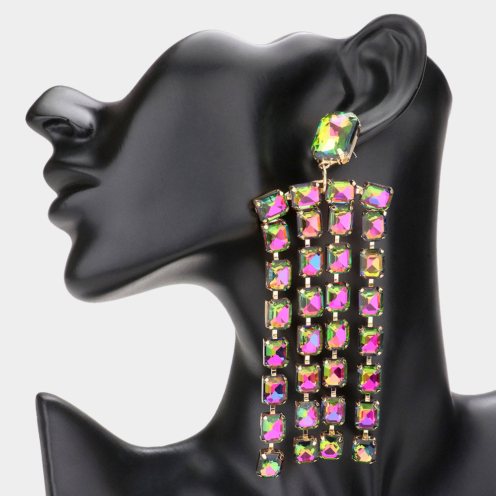 Long Emerald Cut Multi-Color Crystal Fringe Statement Earrings  | Pageant Earrings