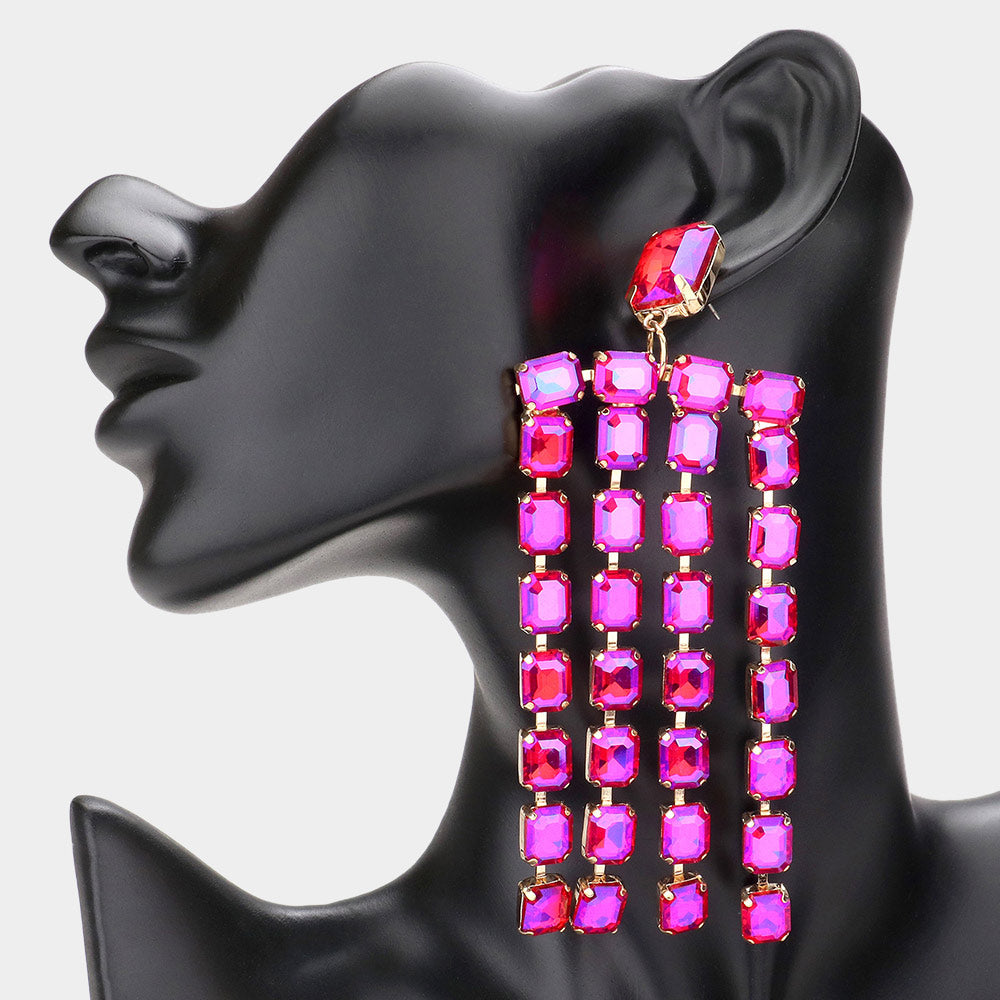 Long Emerald Cut Fuchsia Crystal Fringe Statement Earrings  | Pageant Earrings