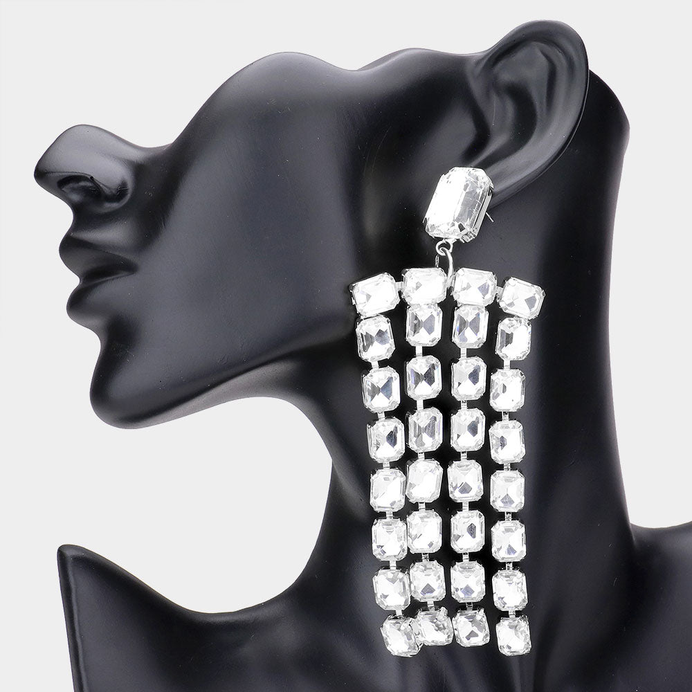 Long Emerald Cut Clear Crystal Fringe Statement Earrings   | Pageant Earrings