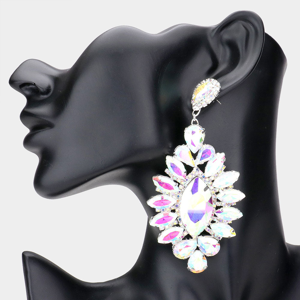 Large AB Crystal Marquise Stone Center Pageant Earrings  \ Prom Earrings 