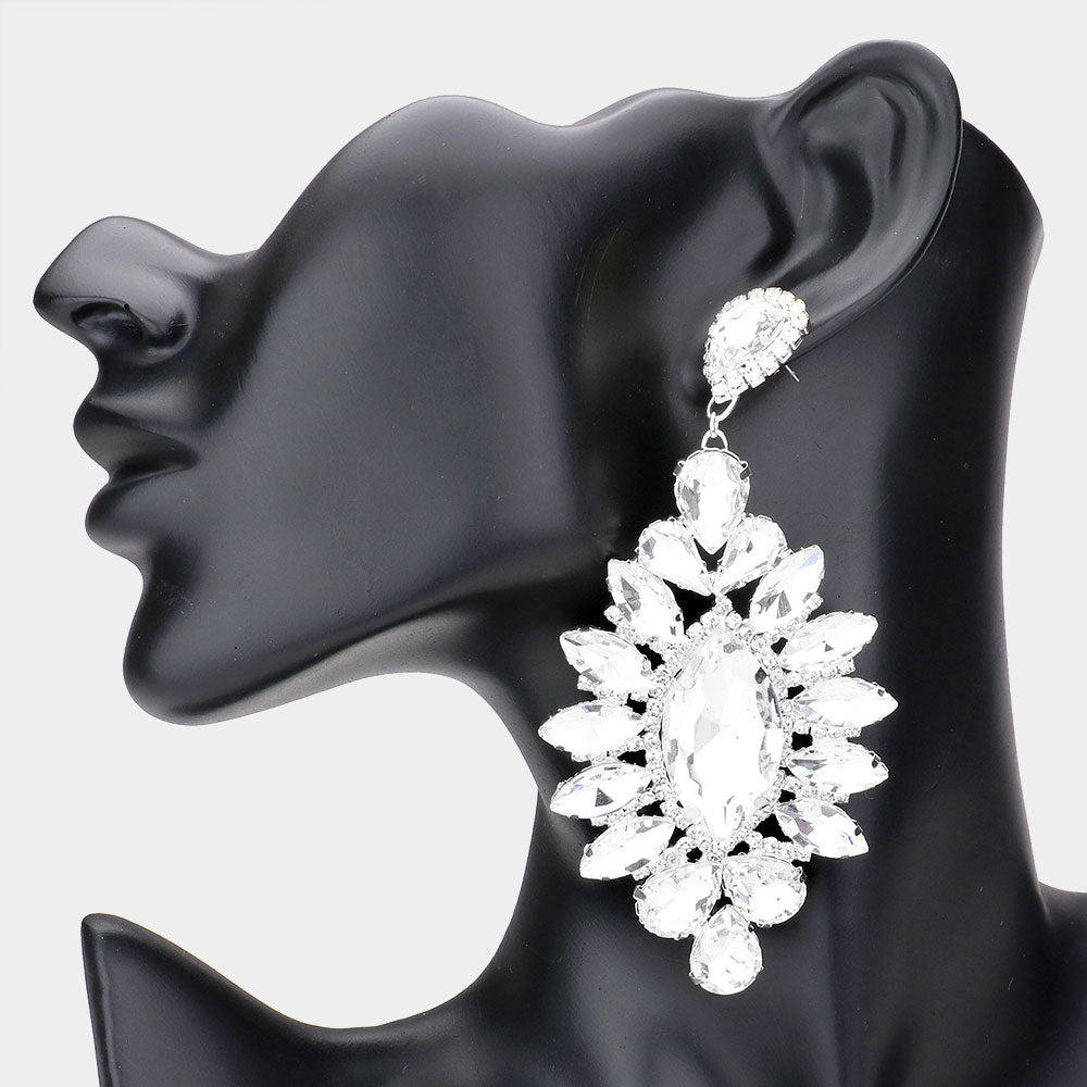 Large Clear Crystal Marquise Stone Center Pageant Earrings  \ Prom Earrings