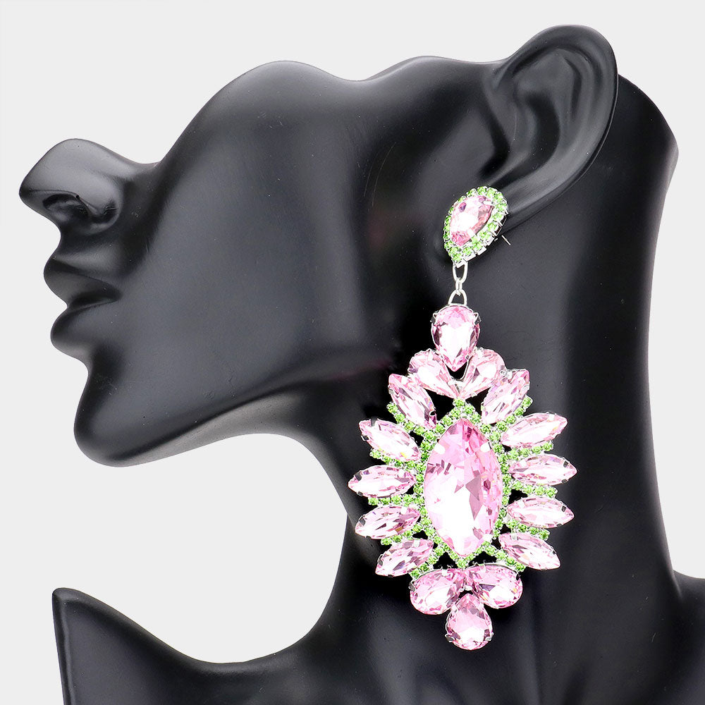 Large Pink & Green Crystal Marquise Stone Center Pageant Earrings  \ Prom Earrings 