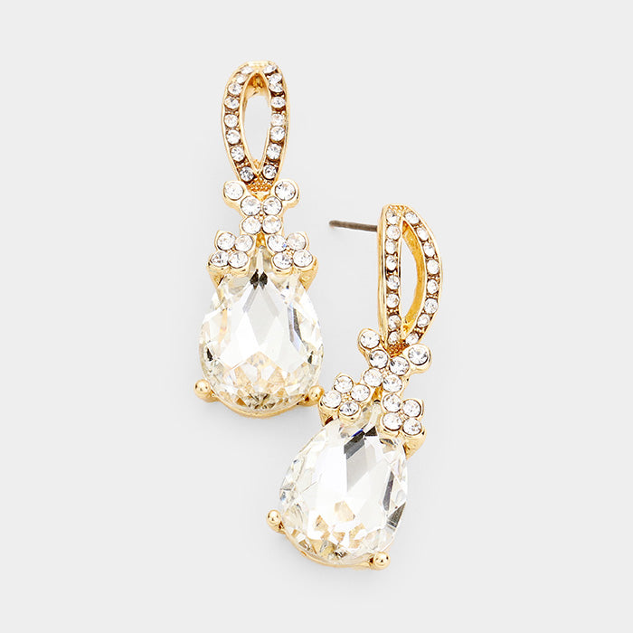 Small Clear Crystal Teardrop Dangle Earrings on Gold