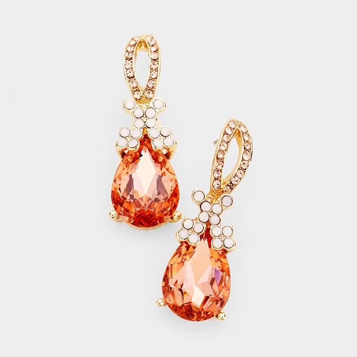 Small Peach Crystal Teardrop Dangle Earrings on Gold | 417808