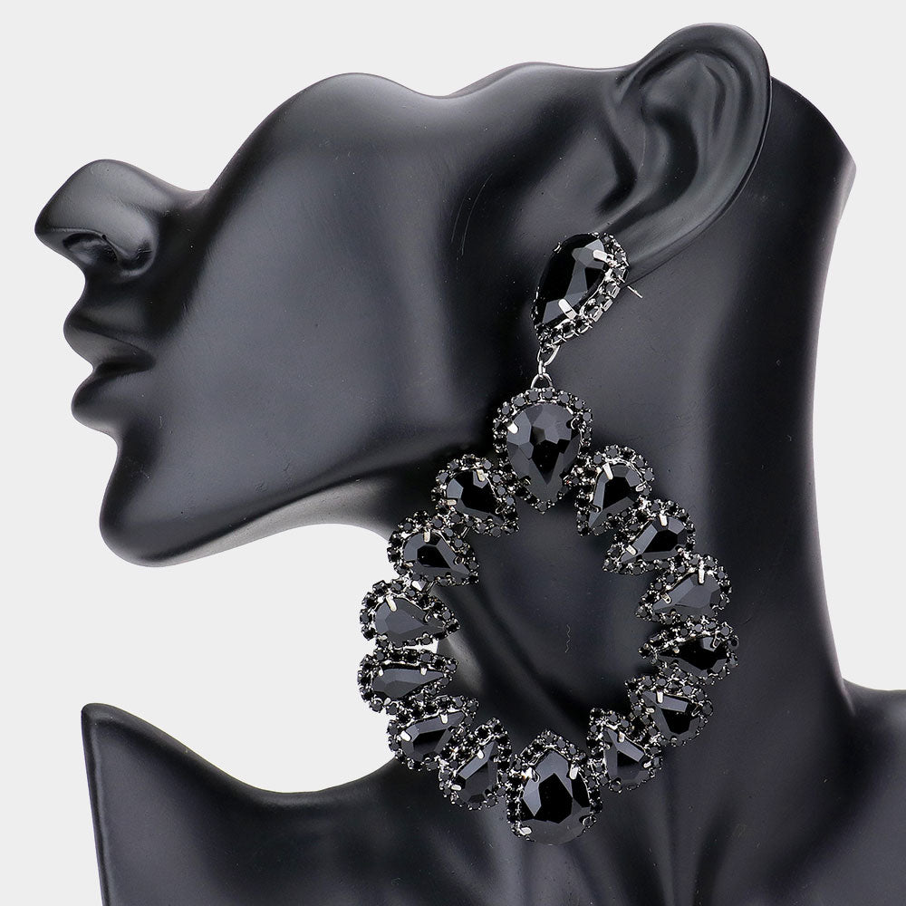 Jet Black Crystal Open Circle Chandelier Earrings | Pageant Earrings