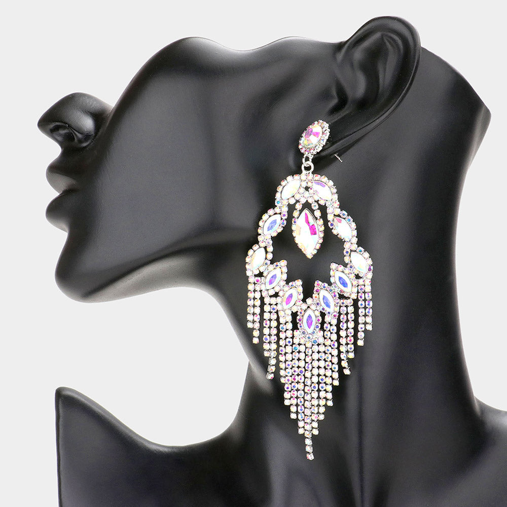 Long AB Crystal Fringe Chandelier Pageant Earrings  | Prom Jewelry